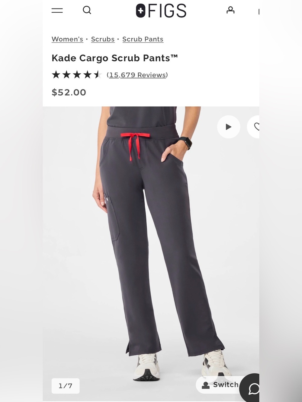 Figs Kade Cargo Scrub Pants in Charcoal with Red Drawstring Size L/Tall - Picture 6 of 7